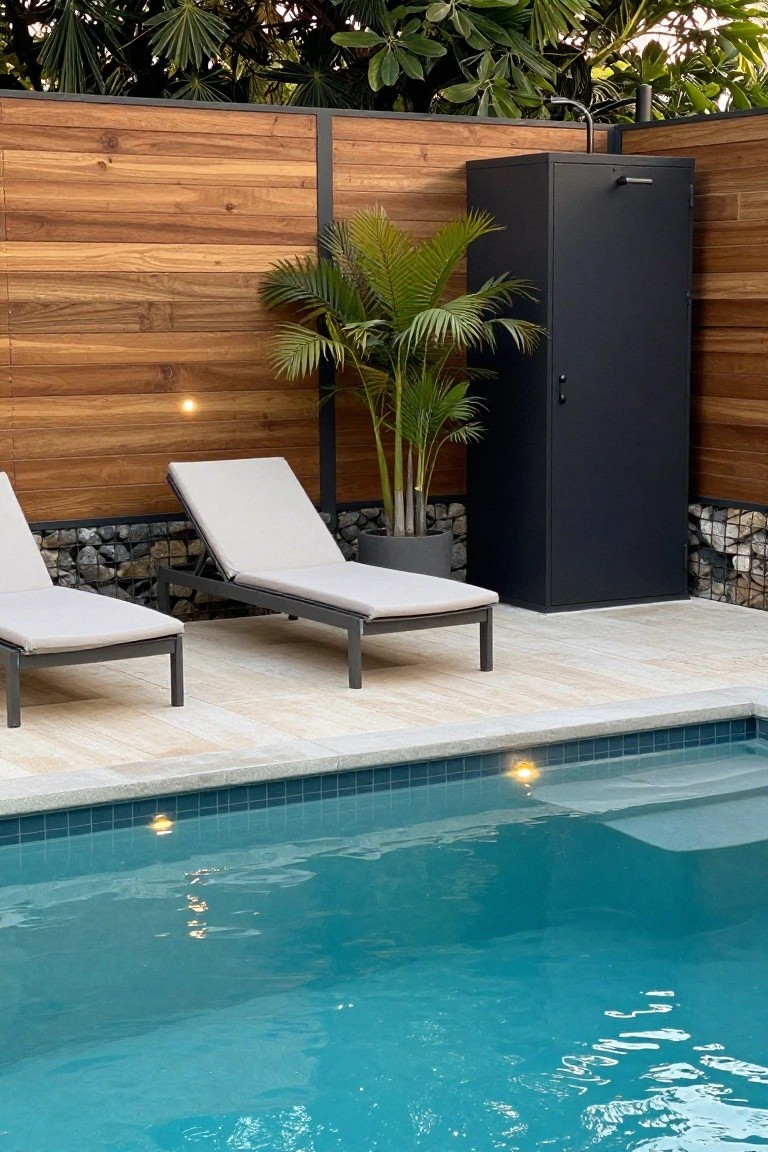 Outdoor pool area with two lounge chairs on a tiled deck next to a horizontal wood fence and a black metal cabinet.