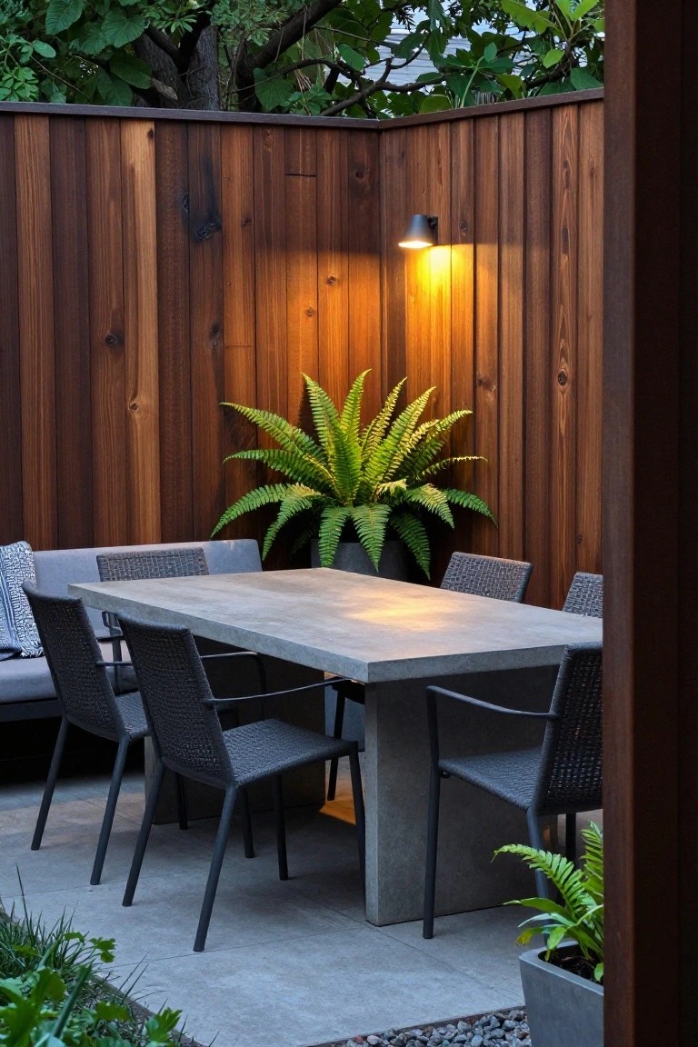 An outdoor patio featuring a concrete dining table, dark woven chairs, a large potted fern, and a tall vertical wood fence with a mounted light fixture.