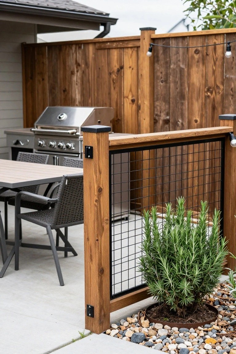 A backyard patio area with a wooden fence featuring a black metal grid panel, an outdoor grill, dining table, and a rosemary plant in gravel.