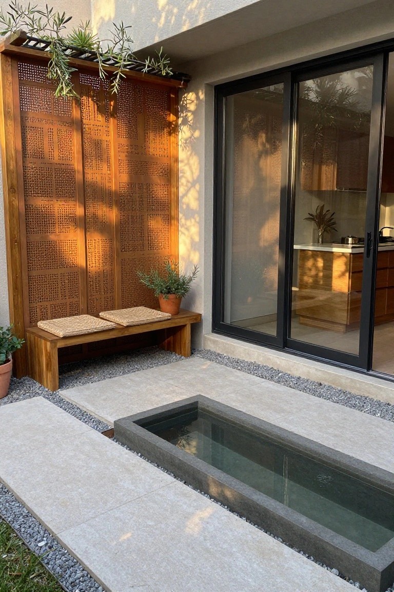 A modern outdoor patio features a tall wooden privacy screen with geometric cutouts, a low wooden bench with woven cushions, a long concrete water feature, and black-framed sliding glass doors.