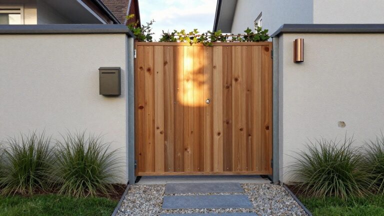 A tall wooden side gate with vertical planks stands beside a gravel path with dark stepping stones and ivy climbing the right wall.