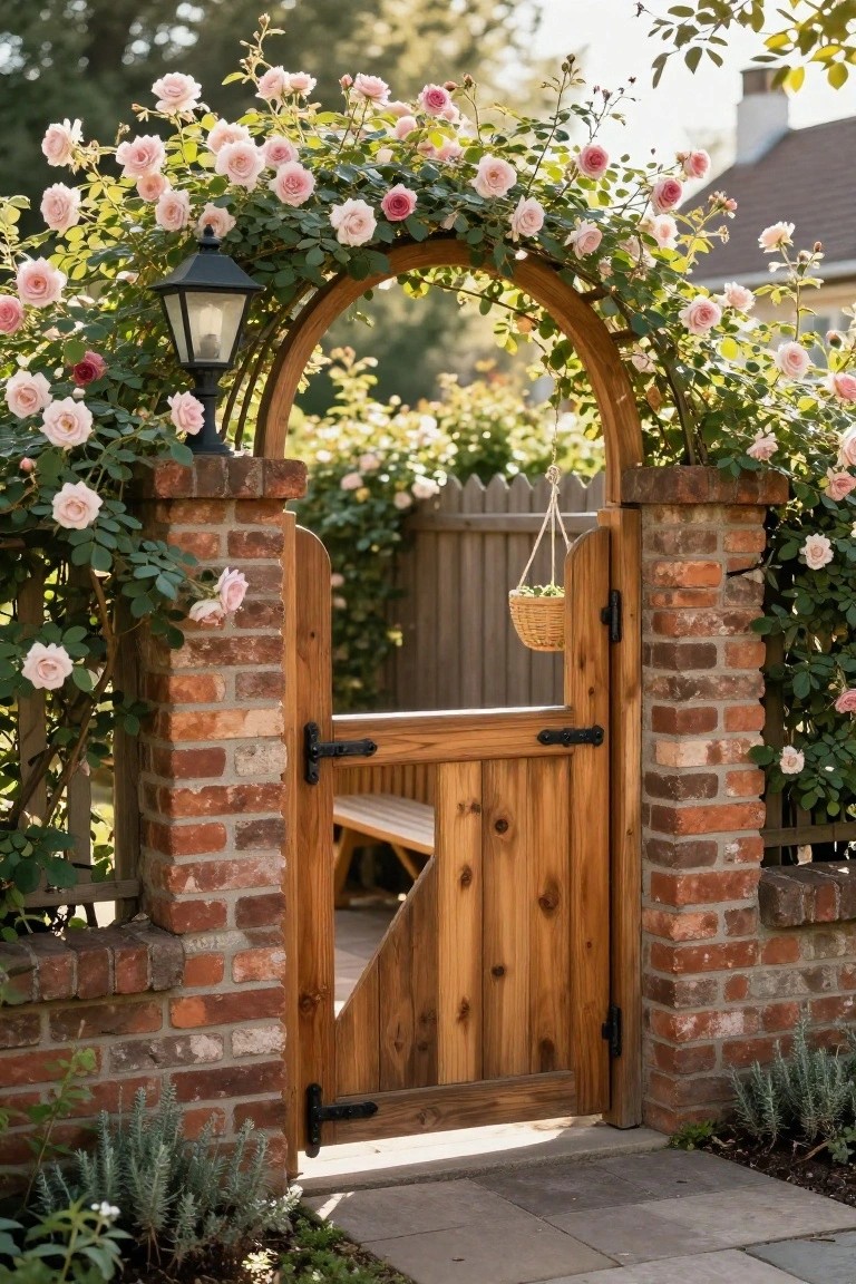 A wooden side gate stands open between brick pillars with an arched trellis covered in pink roses.