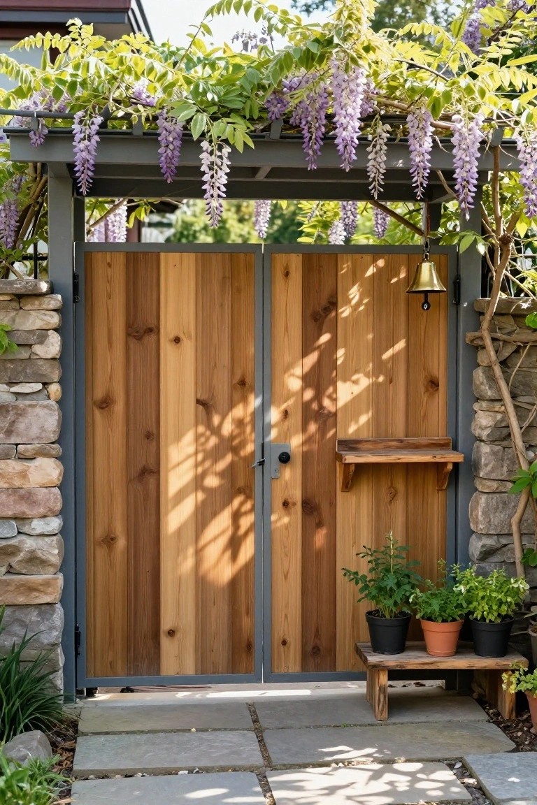 A double wooden side gate with gray metal frame under a pergola draped in purple wisteria, set between stone pillars with potted plants nearby.