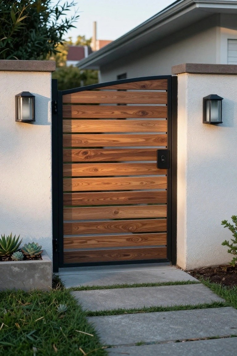 Arched wooden gate with horizontal slats in black frame between lit walls