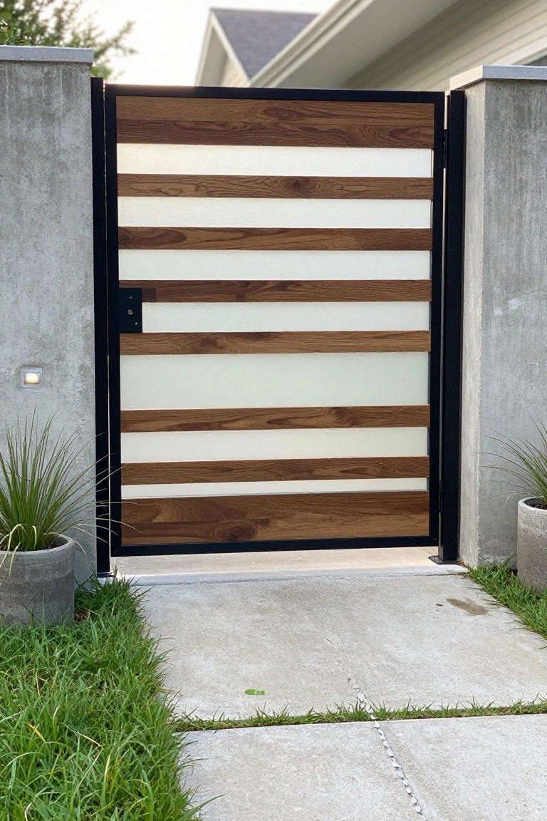 A side gate with alternating horizontal wood and white panels in a black frame, installed between two concrete pillars on a concrete walkway.