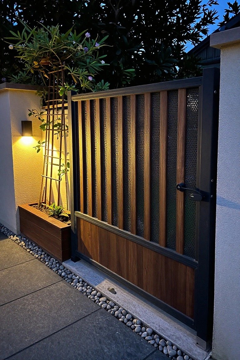 Modern gate with vertical wood slats and perforated metal beside illuminated planter box