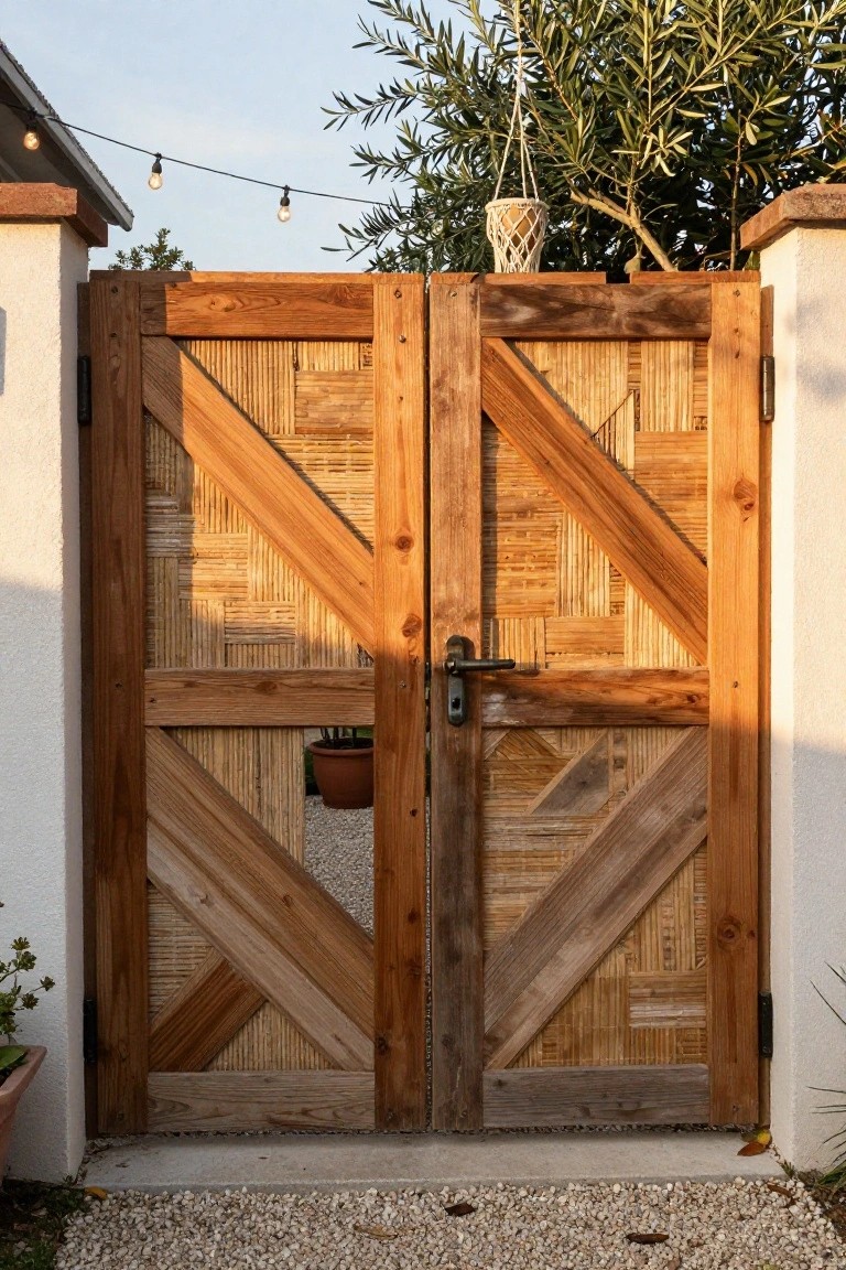 A pair of wooden double gates with diagonal braces and patchwork reclaimed wood slats, set between white pillars.
