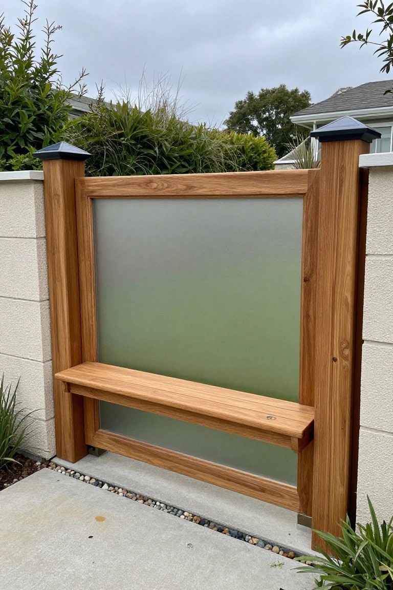A wooden side gate with a frosted glass panel and an integrated bench between two posts on a concrete surface.