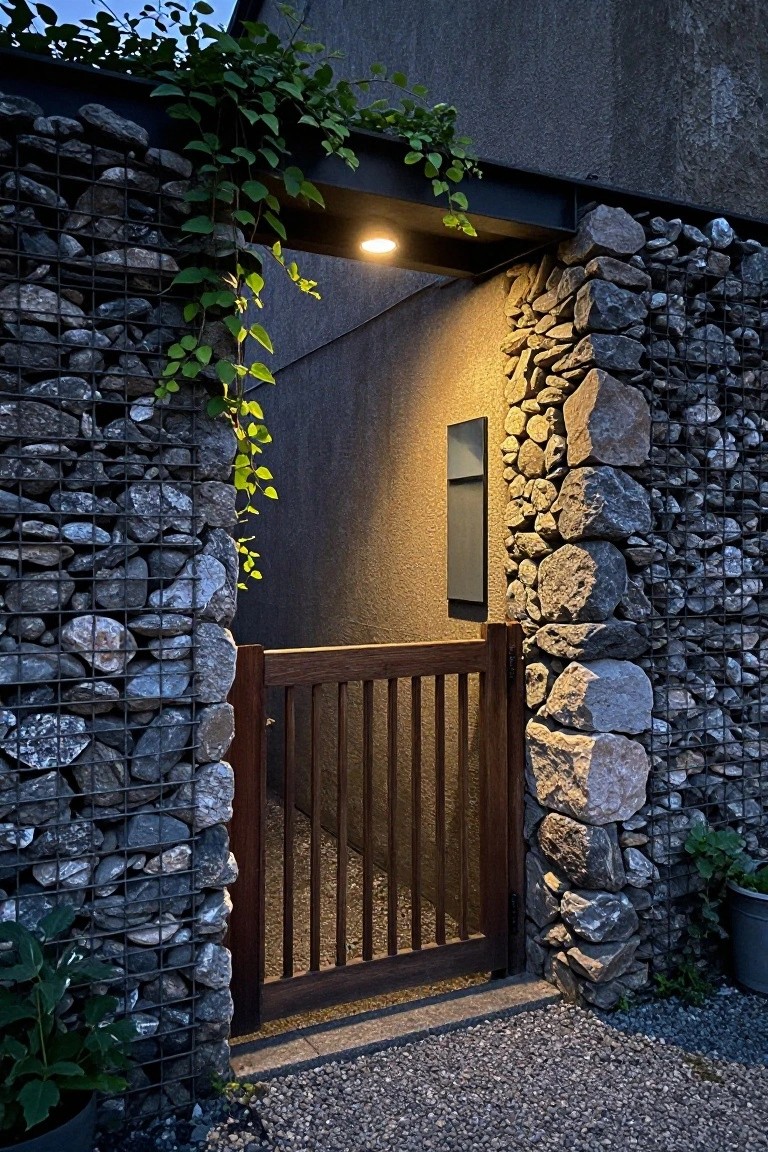 Wooden gate between gabion stone walls with hanging vines and warm overhead light.