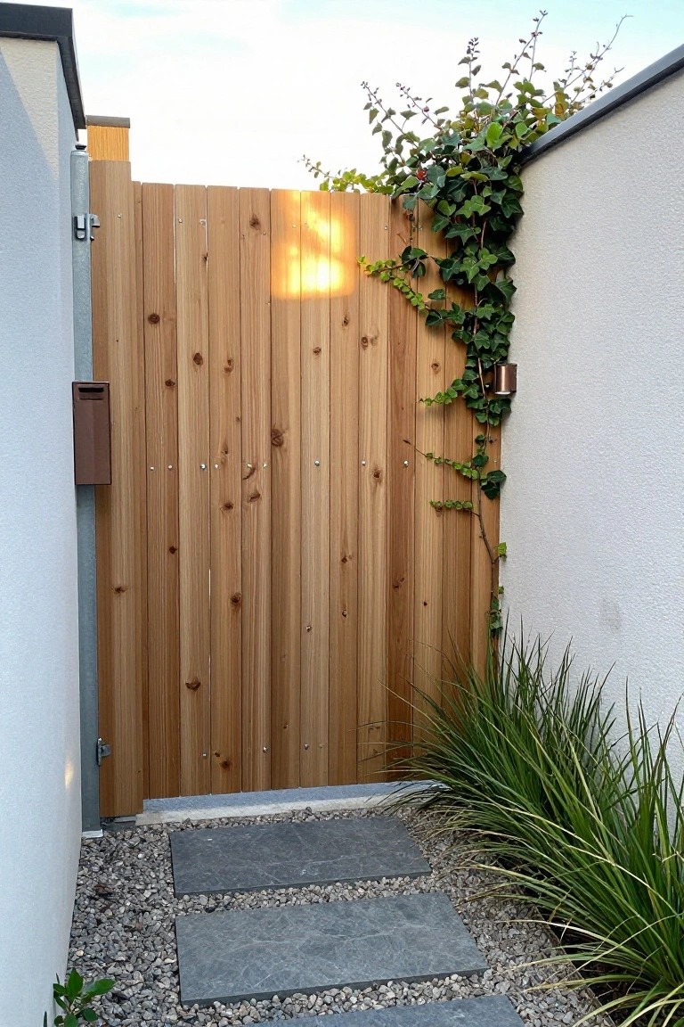 A tall wooden side gate with vertical planks stands beside a gravel path with dark stepping stones and ivy climbing the right wall.
