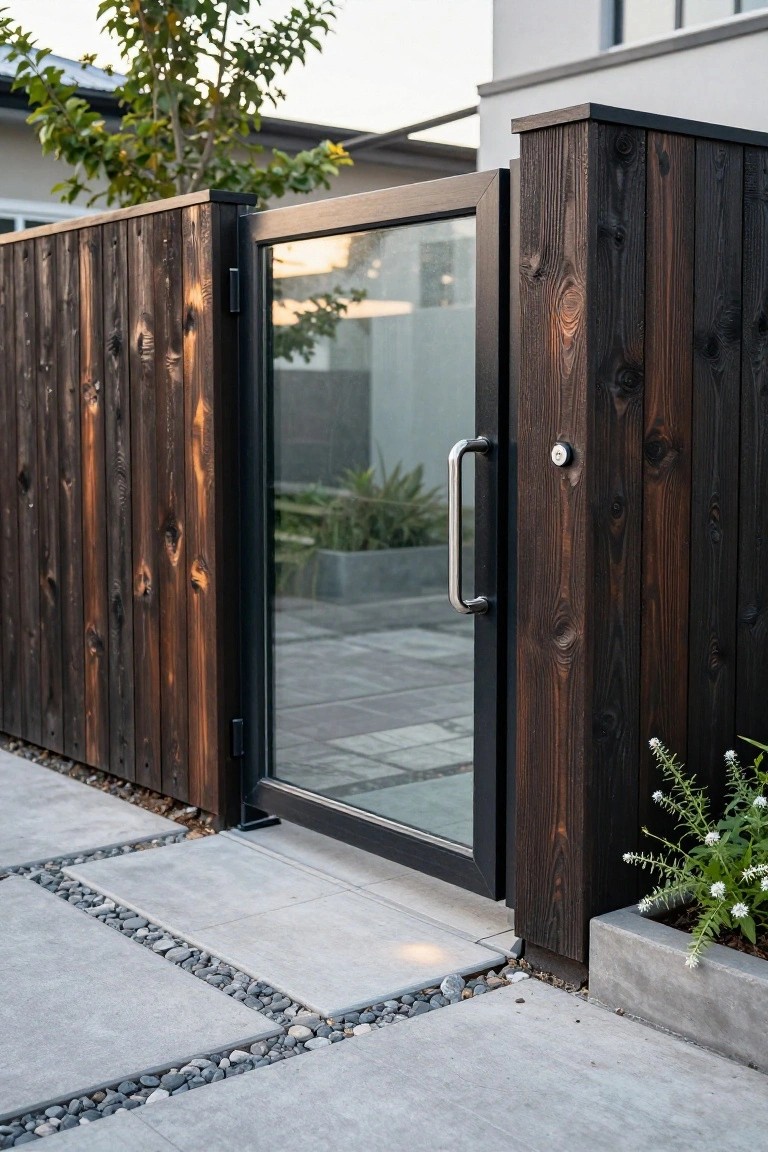 Open dark wooden gate with glass panel and metal handle on pebble path