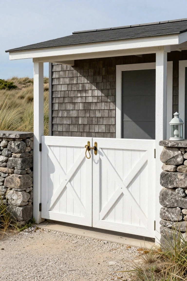 White wooden double gate with X panels between stone pillars at coastal house