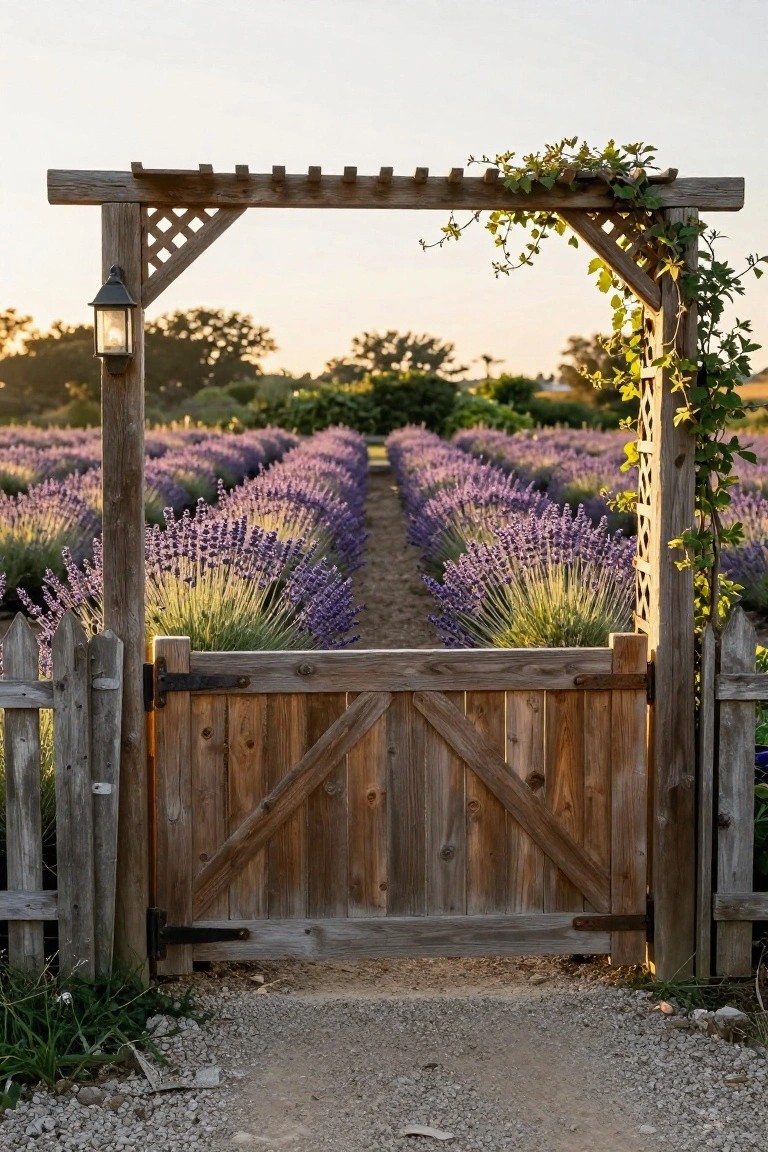 A wooden gate with an overhead trellis stands open in front of rows of lavender plants along a dirt path.