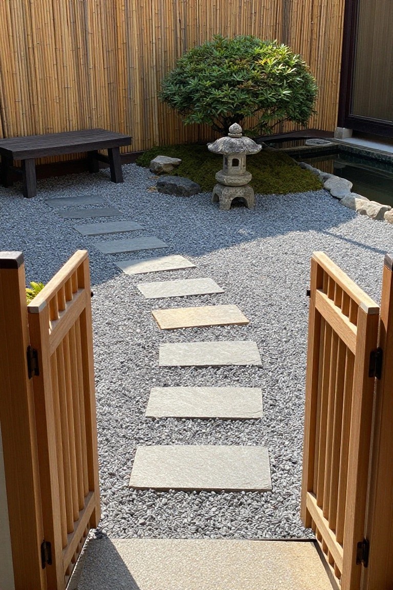 Open wooden gates frame a gravel path with stone stepping stones leading toward a stone lantern, bamboo fence, and small tree in a garden.