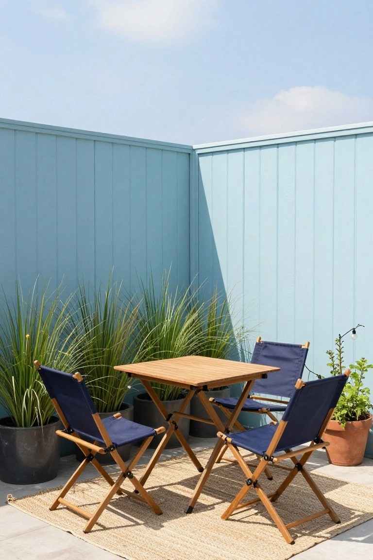 A square wooden patio table with four blue folding chairs on a woven rug, set against a light blue wooden fence with tall potted plants on both sides.