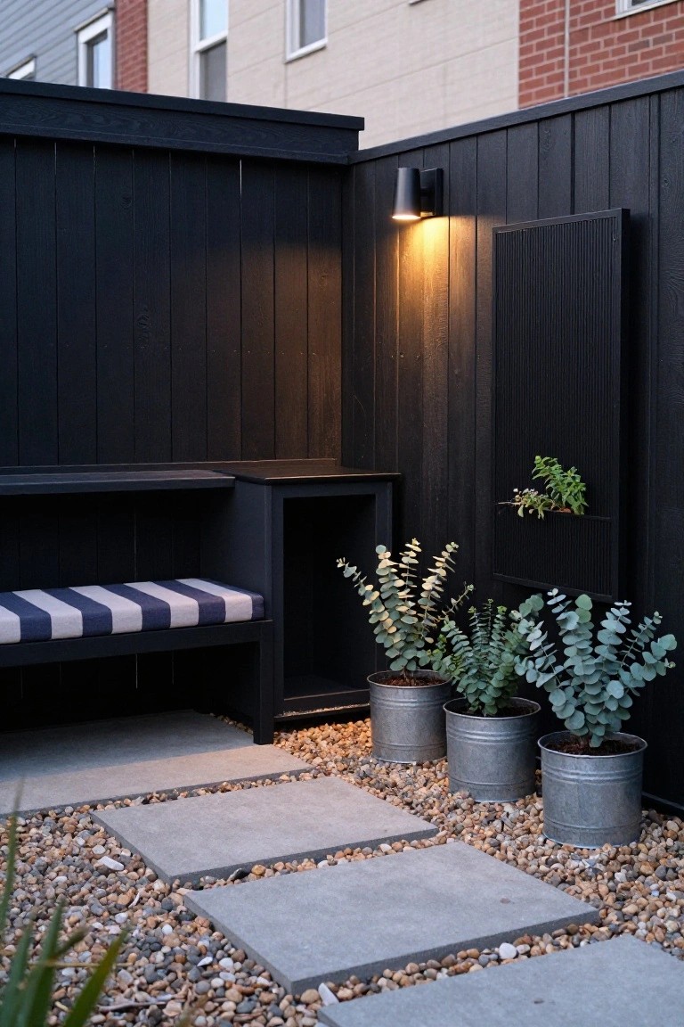 Outdoor corner with black wooden fencing, built-in bench with striped cushion, three metal plant pots with greenery, wall light, and concrete pavers on gravel.