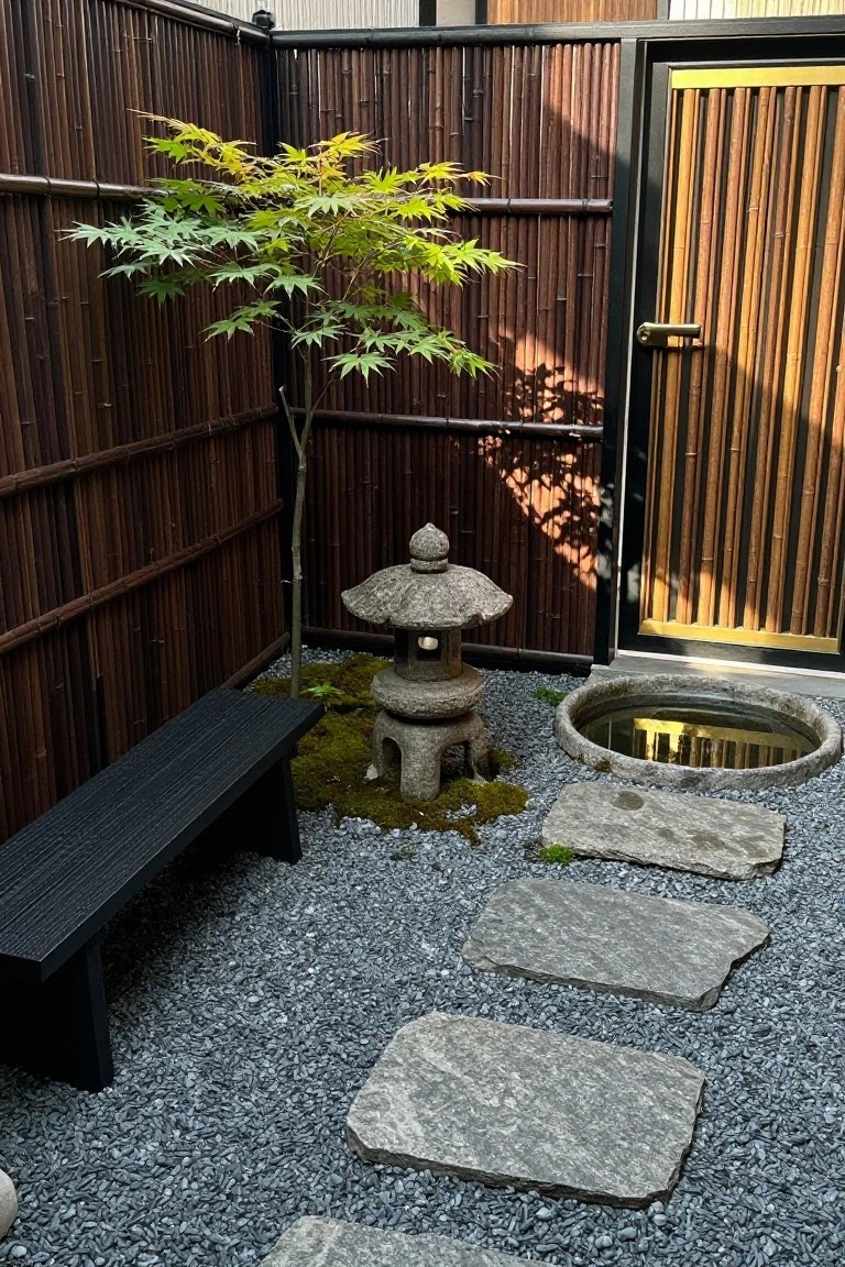 A small gravel garden enclosed by dark brown bamboo fencing, featuring a stone lantern, stepping stones, and a young tree.