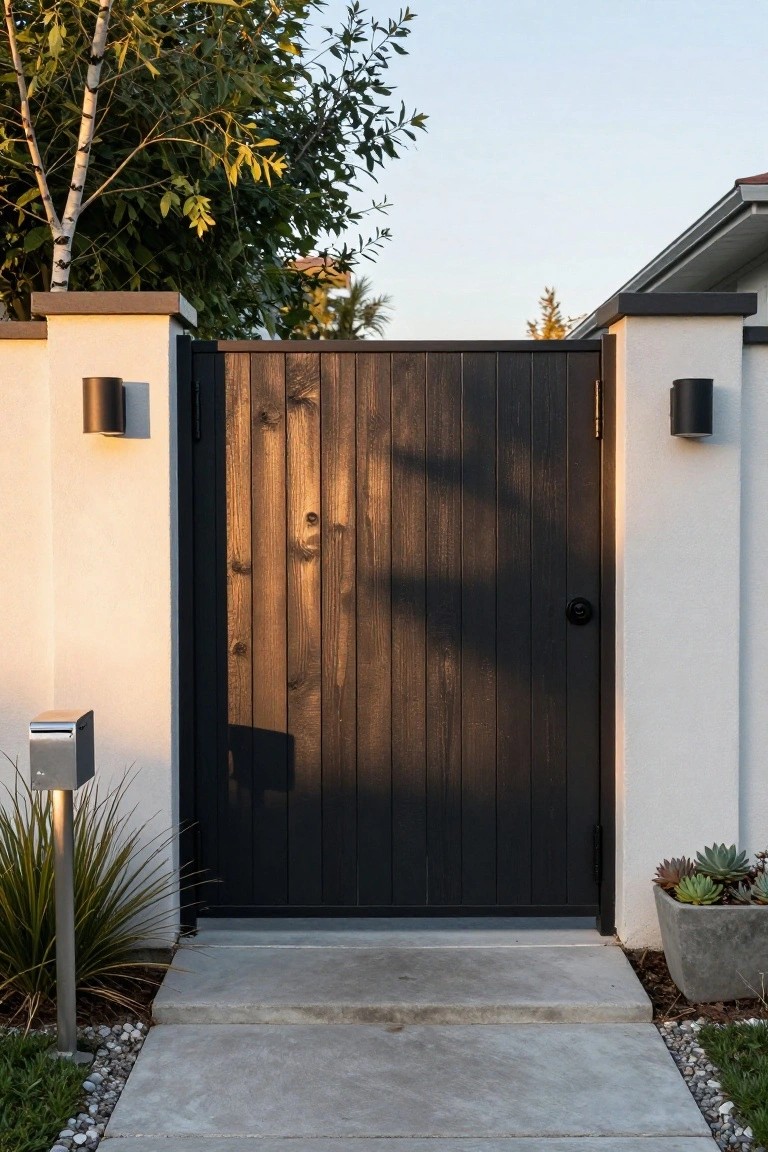 A dark stained vertical wood gate set between white stucco pillars with black sconces and a concrete walkway.