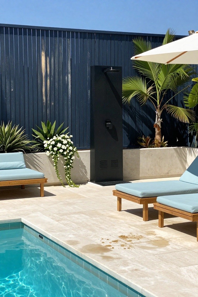 Outdoor pool area with a tall dark vertical wood fence, light stone decking, two blue lounge chairs, and an outdoor shower.