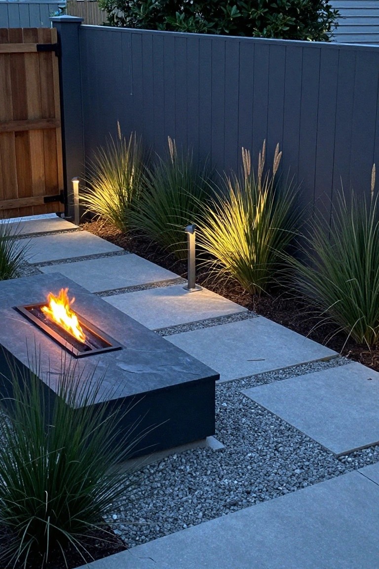 A backyard scene showing a dark wood fence behind a gravel path, concrete pavers, a rectangular fire pit, and tall ornamental grasses.