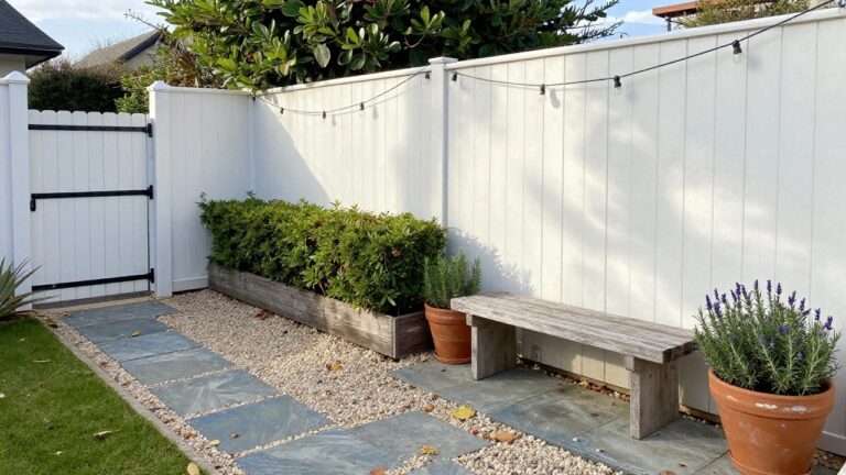 A white wooden picket fence encloses a stone patio with a wooden bench, potted plants, and a raised planter box.