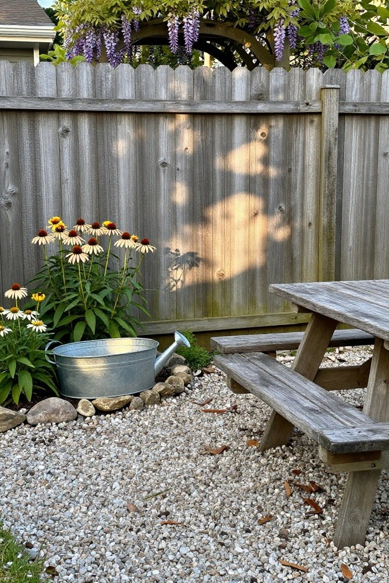 Wooden picnic table on gravel near flowers, watering can, and wisteria by fence