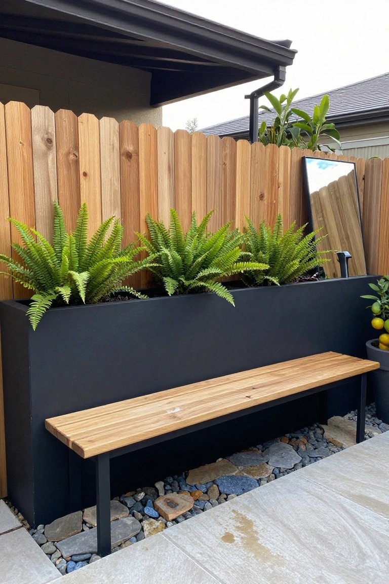 A vertical wooden fence behind a long black rectangular planter filled with ferns, with a light wood bench positioned in front on gravel.