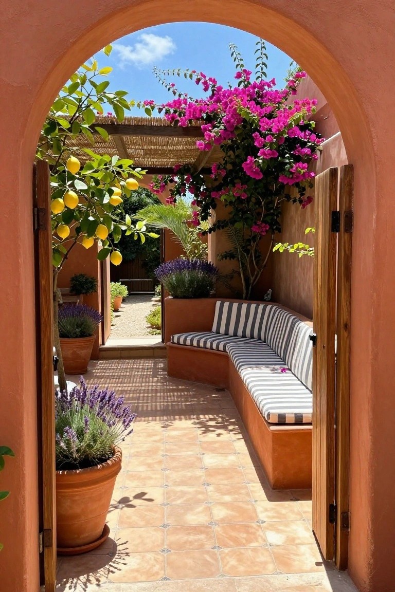 Open wooden doors frame a view into a terracotta patio with built-in striped bench seating, potted lavender and citrus trees, and bougainvillea under a clear sky.