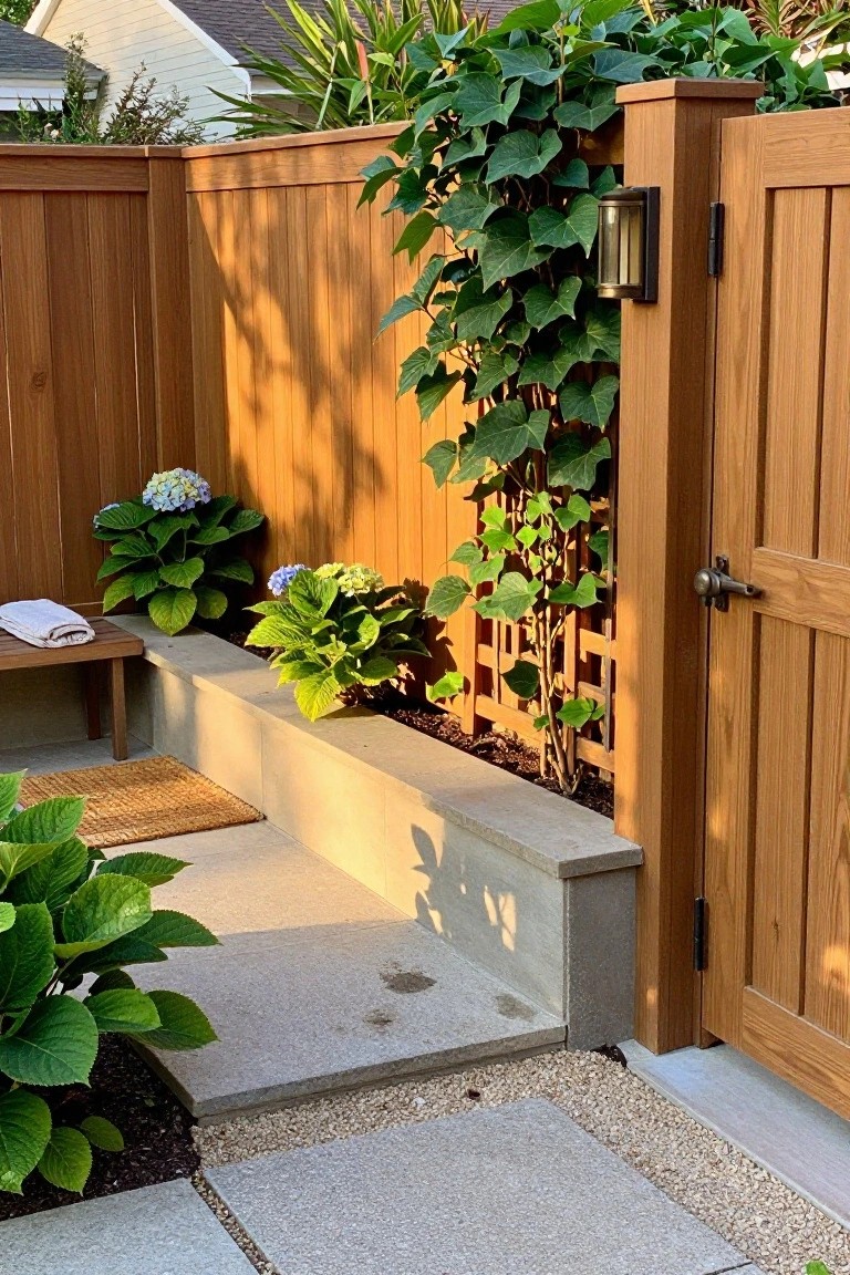 A cedar wood fence with lattice panels, climbing vines, hydrangeas, and concrete steps leading to a gate in a residential garden.