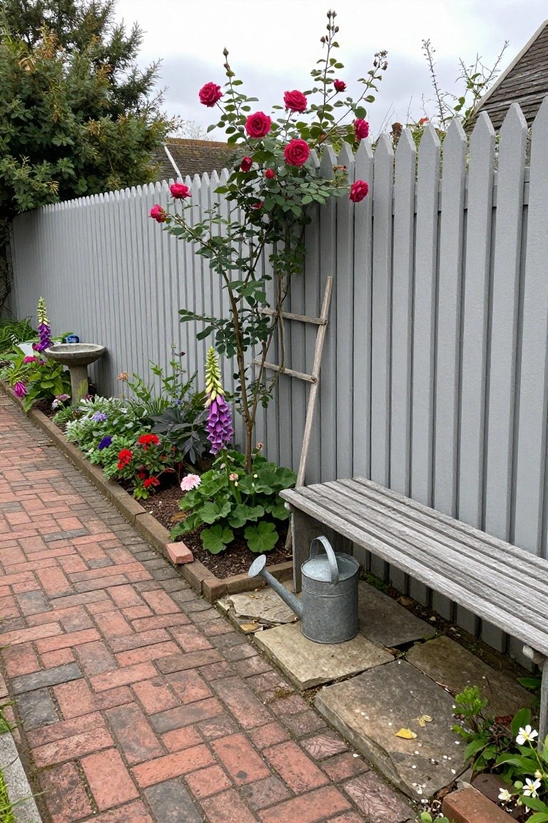 Pink roses climbing gray fence trellis beside brick path, bench, and watering can.