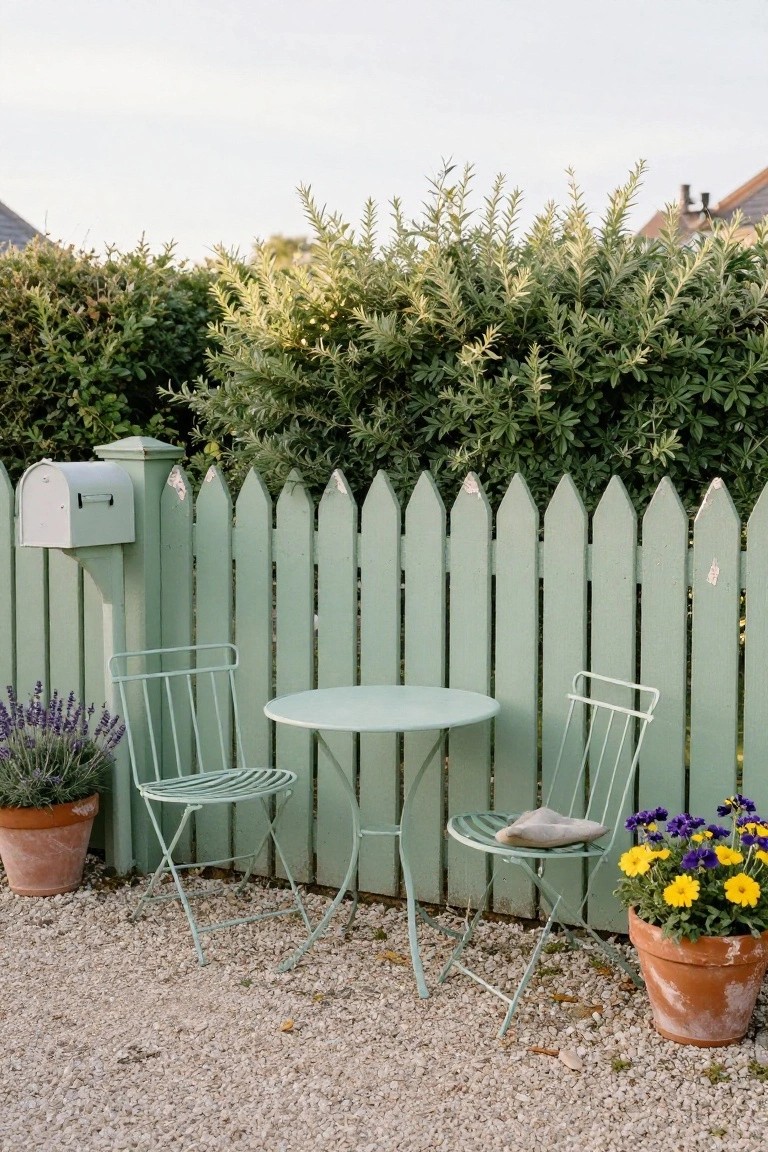 A light sage green wooden picket fence with two metal chairs and a round table in front, flanked by potted lavender and yellow flowers on gravel.