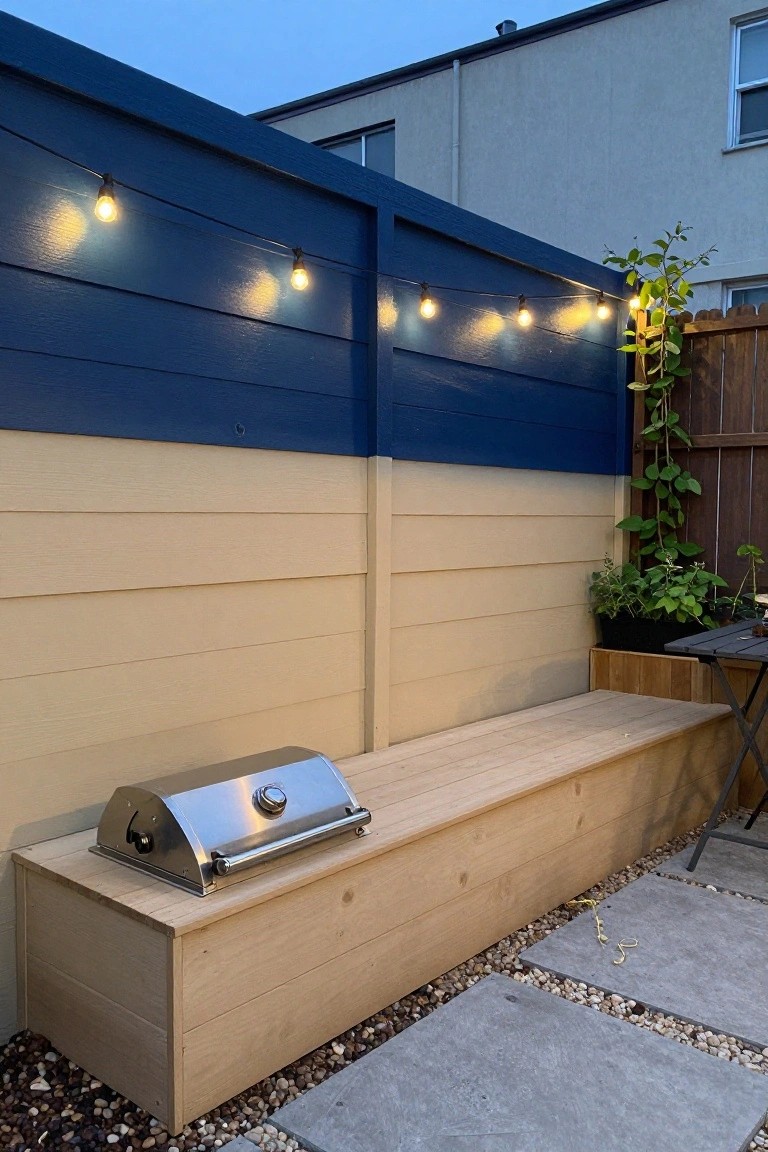 A wooden fence with dark blue upper boards and light beige lower boards borders a patio with a built-in bench holding a grill and string lights overhead.