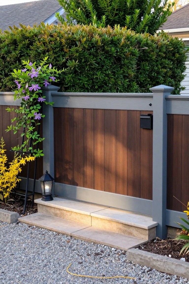 A wooden fence with gray posts and rails and brown vertical panels next to stone steps and green shrubs.