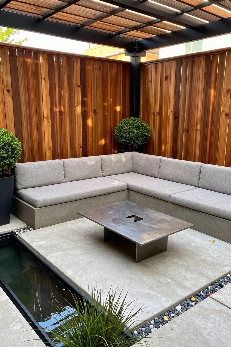 An outdoor patio area with a U-shaped gray sectional sofa, metal fire pit table, warm brown wood fence panels, and a small water feature.