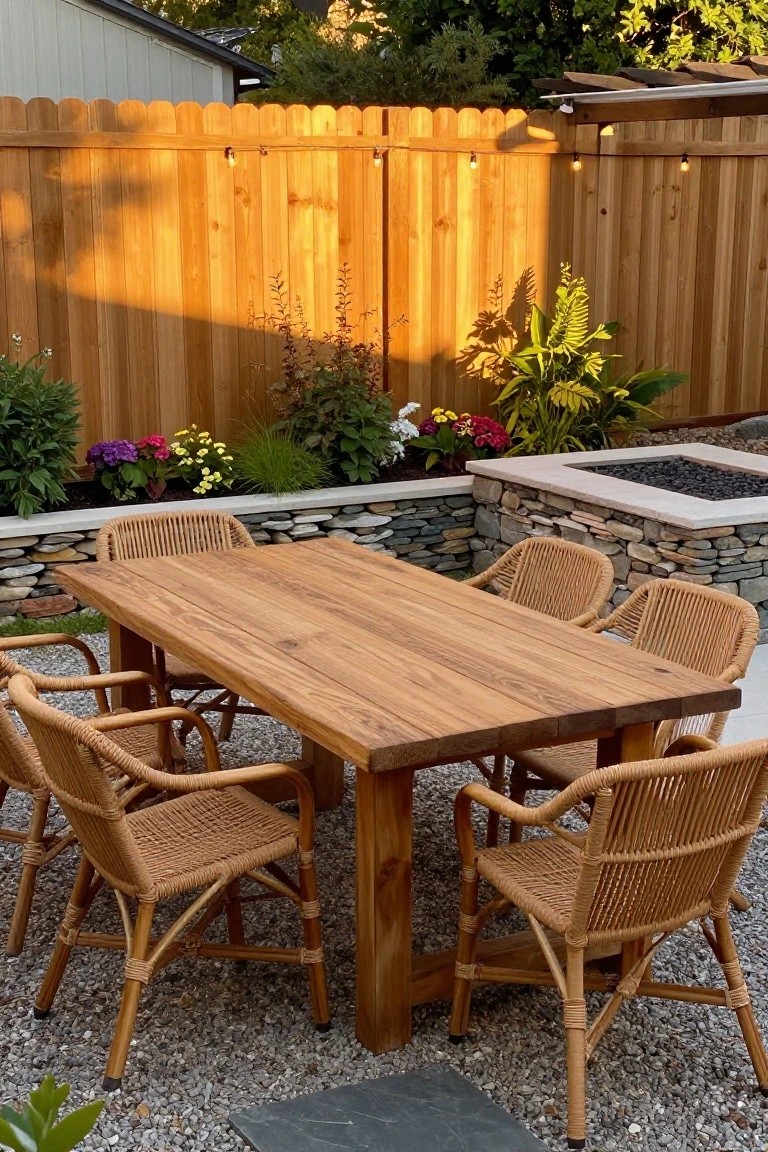 A wooden dining table with woven chairs sits on gravel in front of a tall golden-brown wood fence lined with string lights and flower beds.