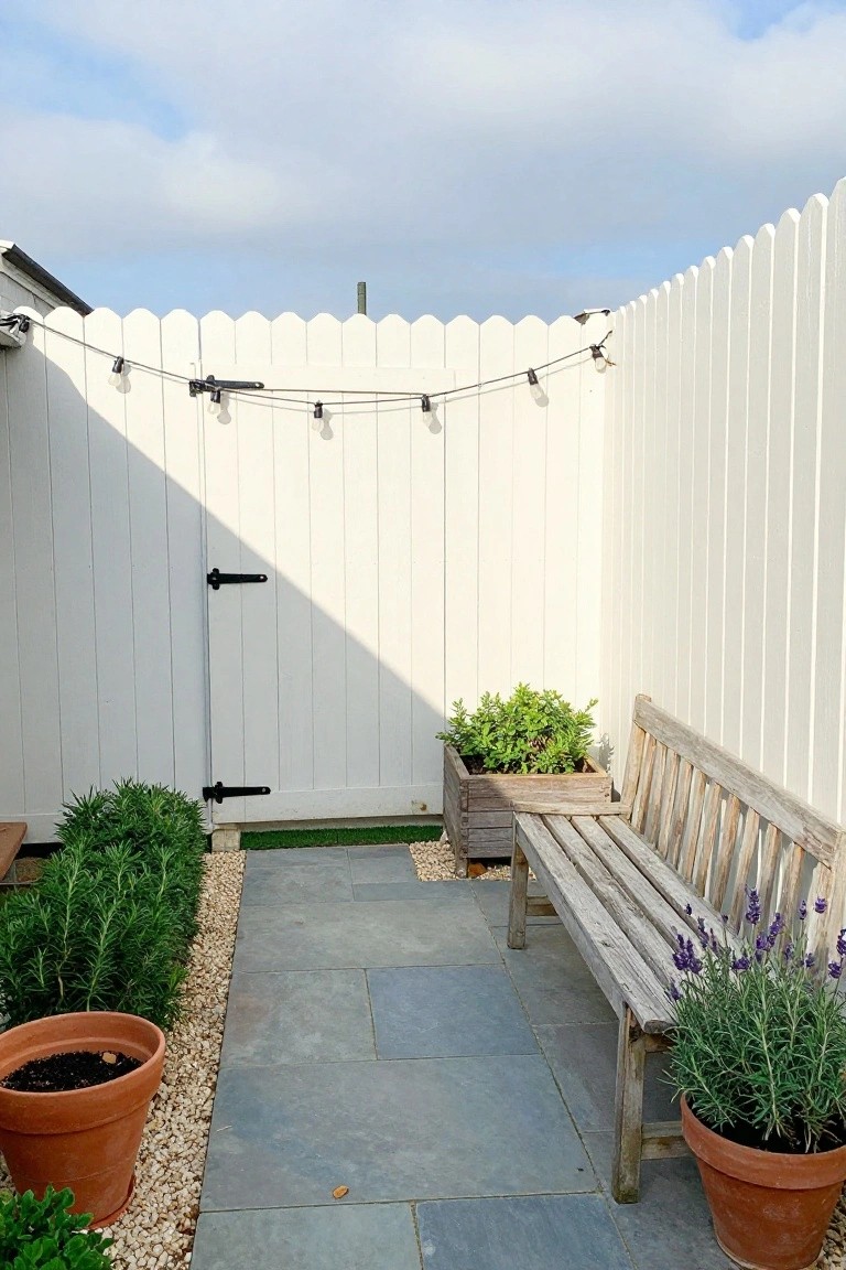 A white wooden picket fence encloses a stone patio with a wooden bench, potted plants, and a raised planter box.