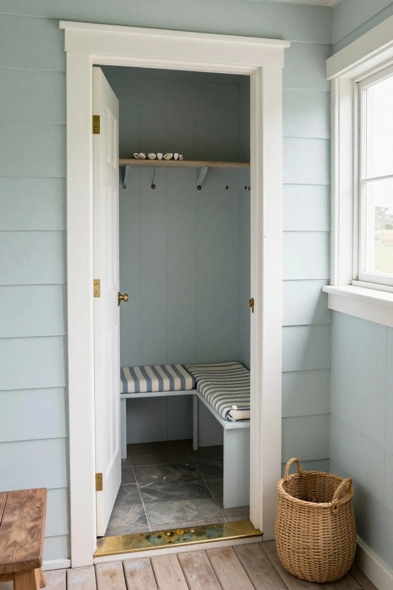 Open white door to blue alcove with striped bench, shelf, hooks, and wicker basket