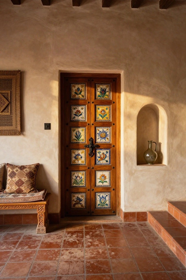 A double wooden door with colorful floral ceramic tiles inset into the panels, seen from inside a room with a cushioned bench and arched wall niche.