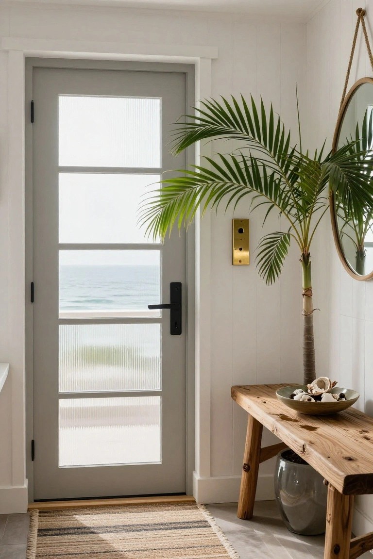 A light gray interior entry door with four horizontal ribbed glass panels revealing an ocean view, black hardware, and a wooden bench with a potted palm plant to the right.