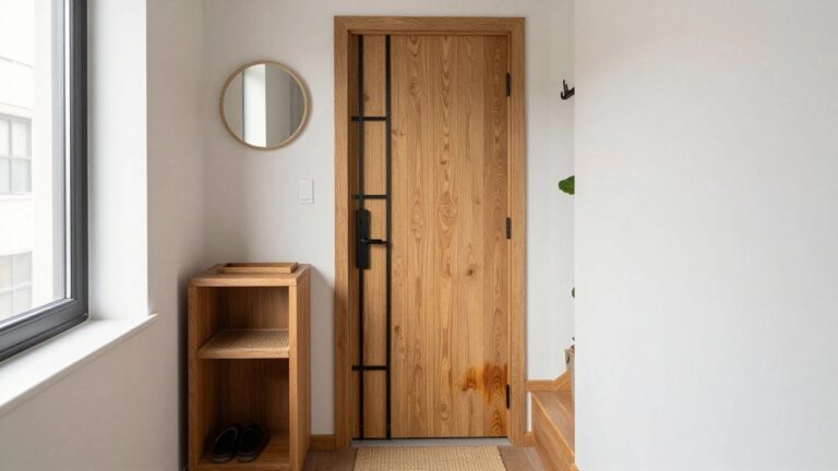 15 Secure Wooden Safety Door Designs for Stylish and Protected Entryways A light wood door with black metal grid lines stands in a white interior entryway beside a potted plant and small mirror.
