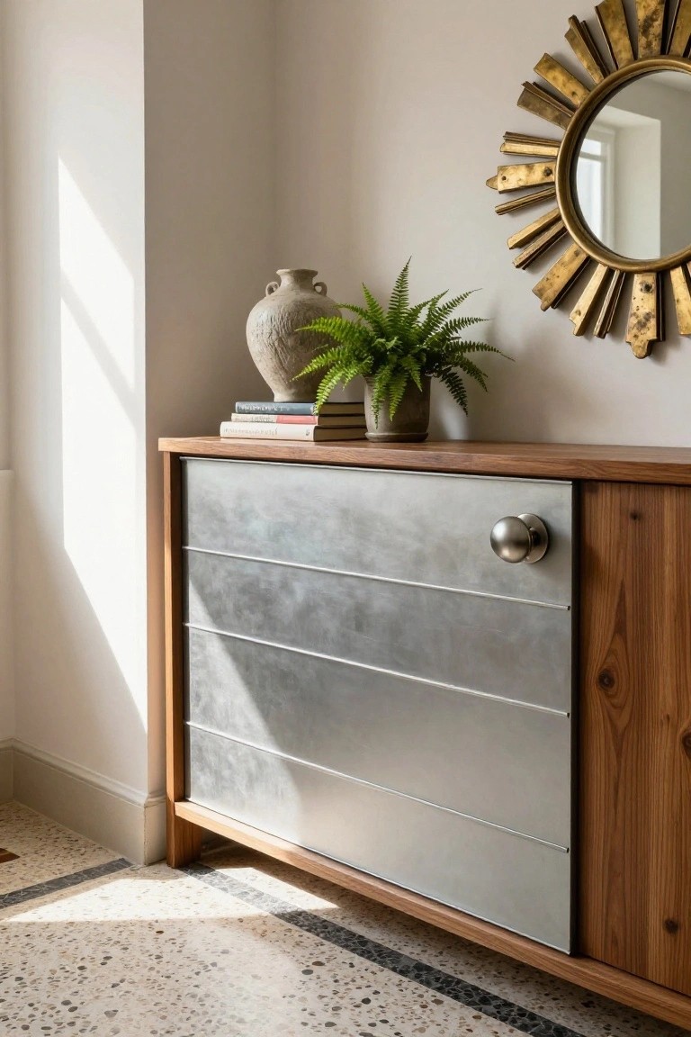 Wooden sideboard with metal drawers holding books, fern, vase under sunburst mirror