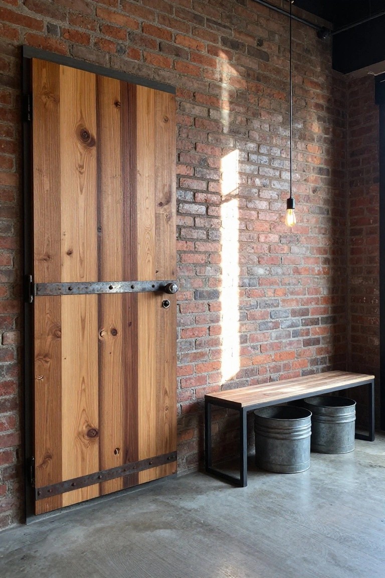 A tall wooden door with horizontal metal straps and hinges on a red brick wall, next to a simple bench with two metal buckets beneath it.