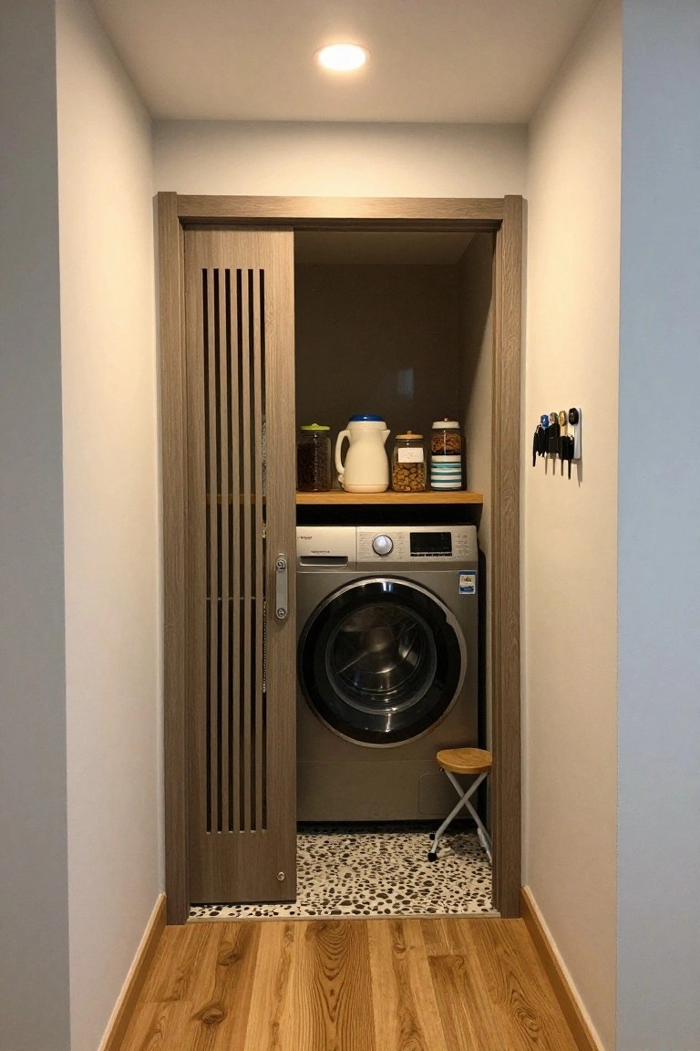 A wooden door with vertical slats stands partially open to show a washing machine and storage shelves inside a utility space.