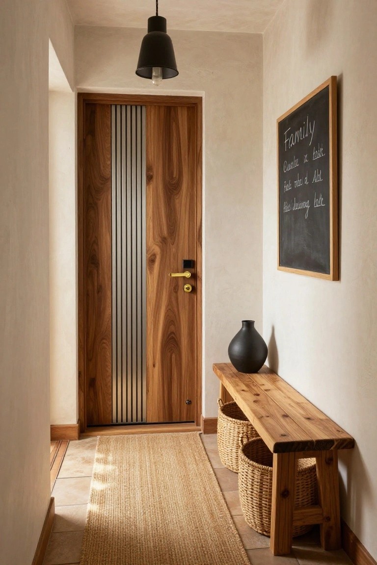 A wooden entry door with vertical slats is viewed from a hallway featuring a woven rug, wooden bench with baskets, and a chalkboard on the wall.