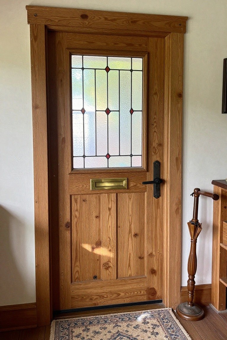 Interior view of a solid wooden door with a rectangular stained glass panel at the top, brass mail slot, and black handle, with a patterned rug visible on the floor below.