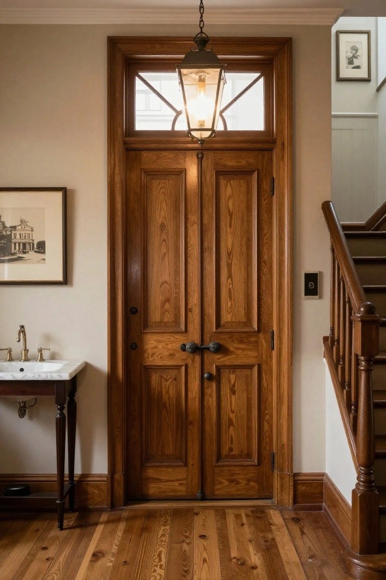Double wooden entry doors with raised panels viewed from inside a home, topped by a lantern-style light and transom window, with a staircase visible on the right.
