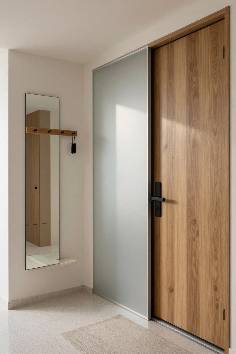 A tall wooden door with a black handle stands next to a frosted glass panel in a light entryway with a mirror and coat hooks on the opposite wall.