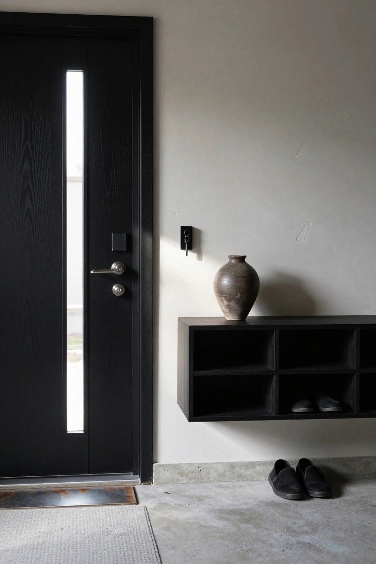 A black wooden door with a vertical glass panel stands beside a floating black shelf holding a clay vase, with shoes on the floor nearby.