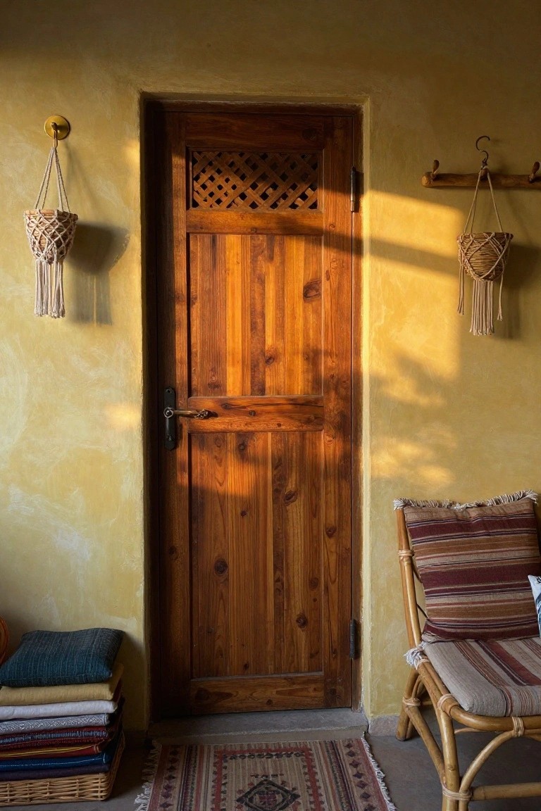 A wooden door with a lattice panel near the top is shown from inside a room with yellow walls, a wicker chair with striped cushions, hanging macrame planters, and a stack of folded textiles.