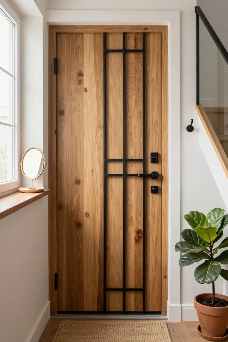 A light wood door with black metal grid lines stands in a white interior entryway beside a potted plant and small mirror.